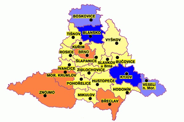 mapa Jihomoravskho kraje s vyznaenmi regiony