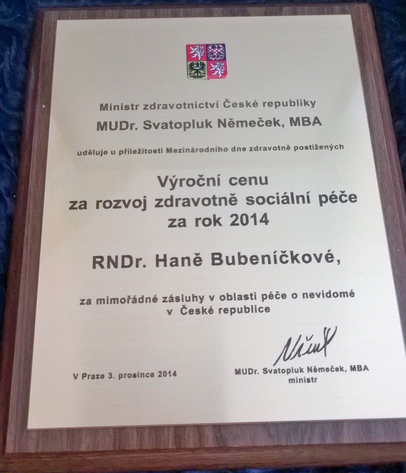 Výroční cena ministra zdravotnictví za rozvoj zdravotně sociální péče za rok 2014